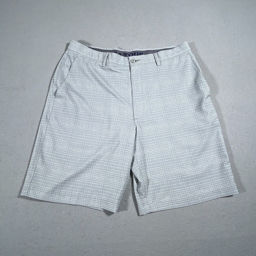 PGA Tour Men's Golf Shorts Active Performance Stretch Plaid 36 Grey Inseam 10"